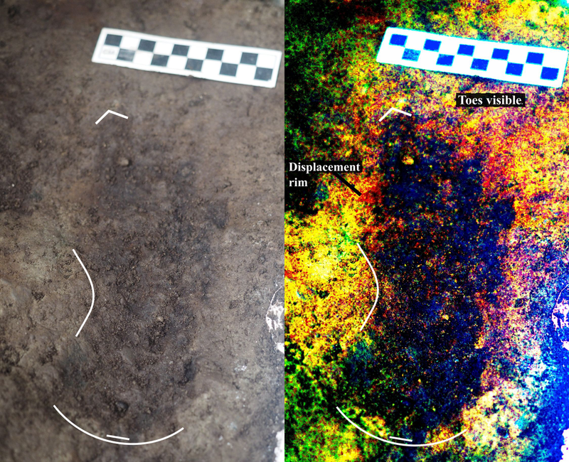A photograph of one of the footprints found (left) and a digitally enhanced version (right).